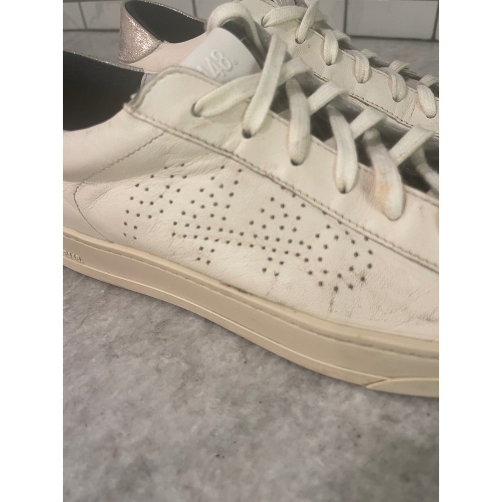 P448 Sneakers Womens 8.5 Off White John Leopard Print Toe Metallic Heel Low Top - Picture 2 of 11